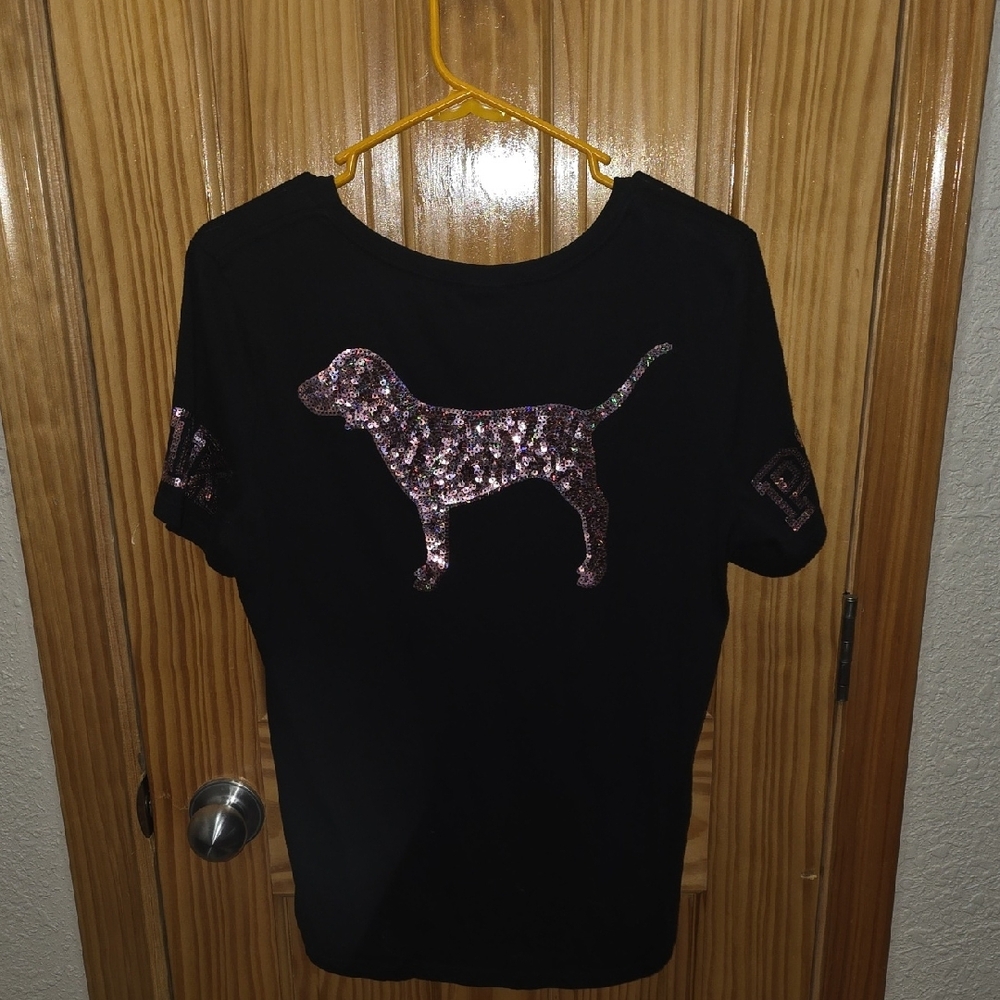 VS PINK - Black & Gray T-Shirt with Sequin Dog Design